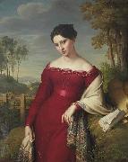 Eduard Friedrich Leybold Portrait of a young lady in a red dress with a paisley shawl painting